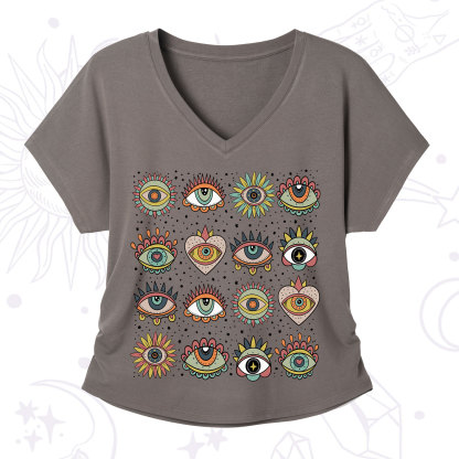 Purplehecate Mystical Evil Eye Pattern V-Neck T-Shirt