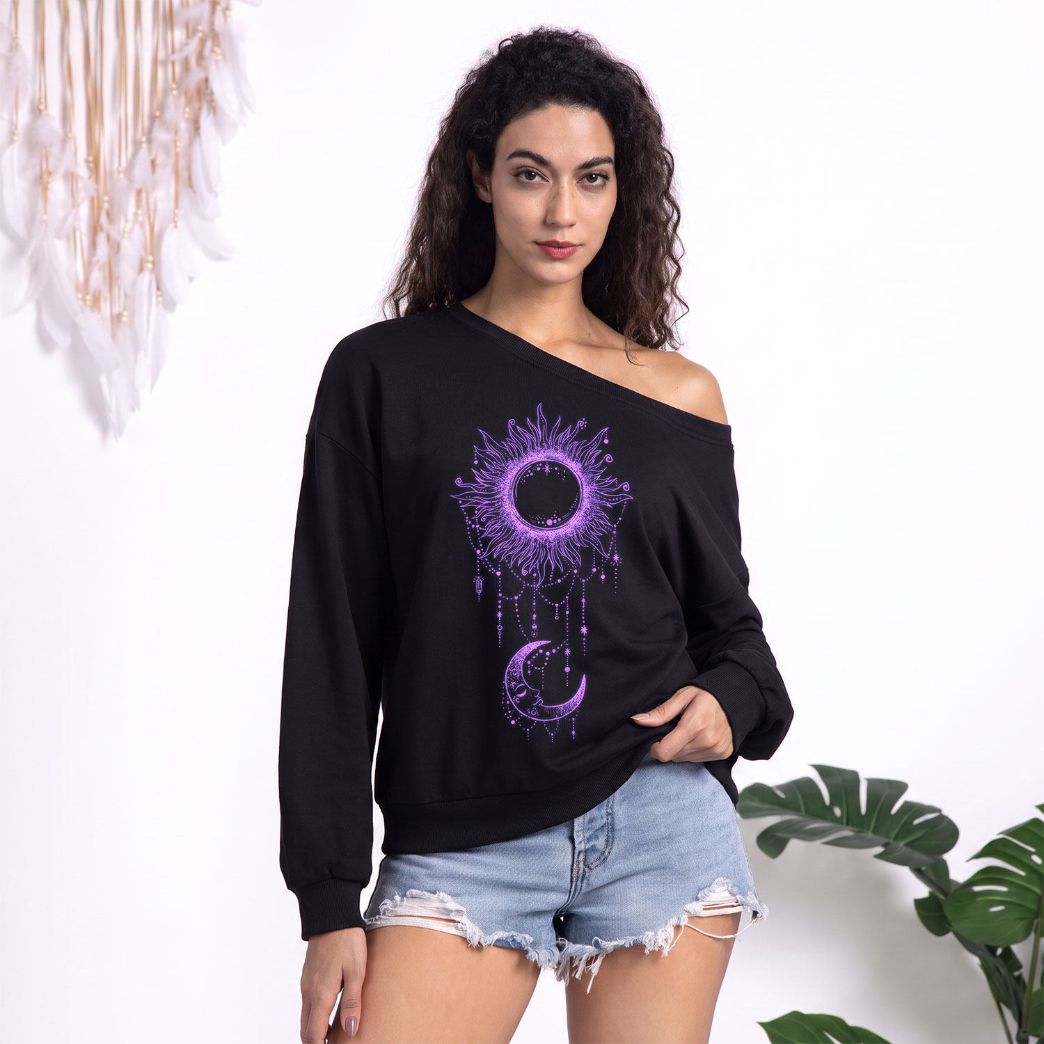 Purplehecate Radiance Of Sun And Moon One Shoulder Sweatshirt