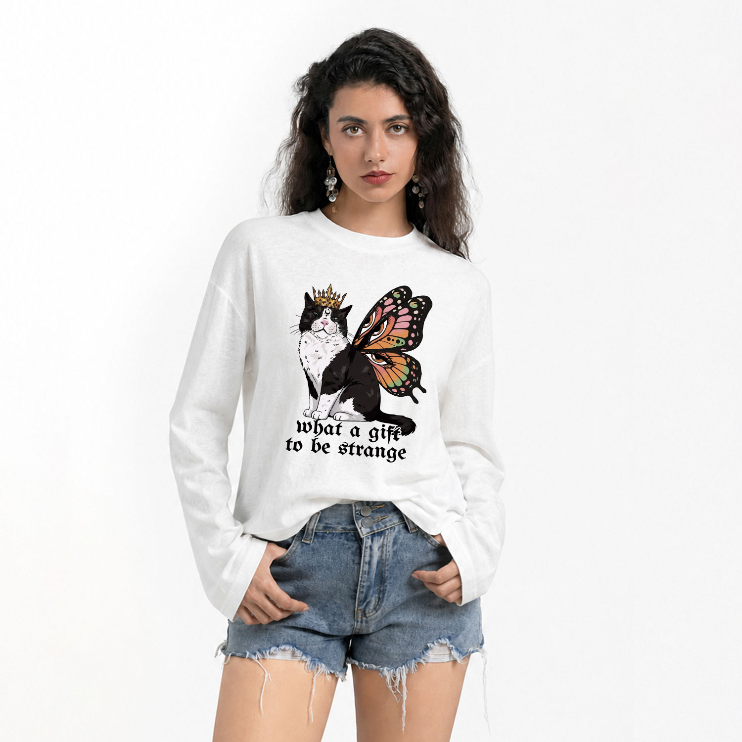 Purplehecate What a Gift to Be Strange Cat Slub Long Sleeve T-Shirt