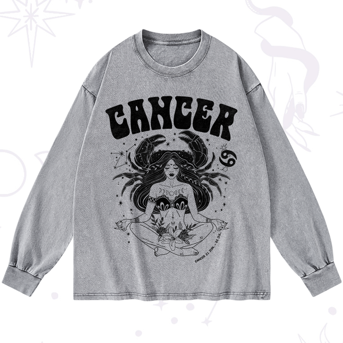 Purplehecate Cancer Zodiac Glyphs Washed Long Sleeve Shirt