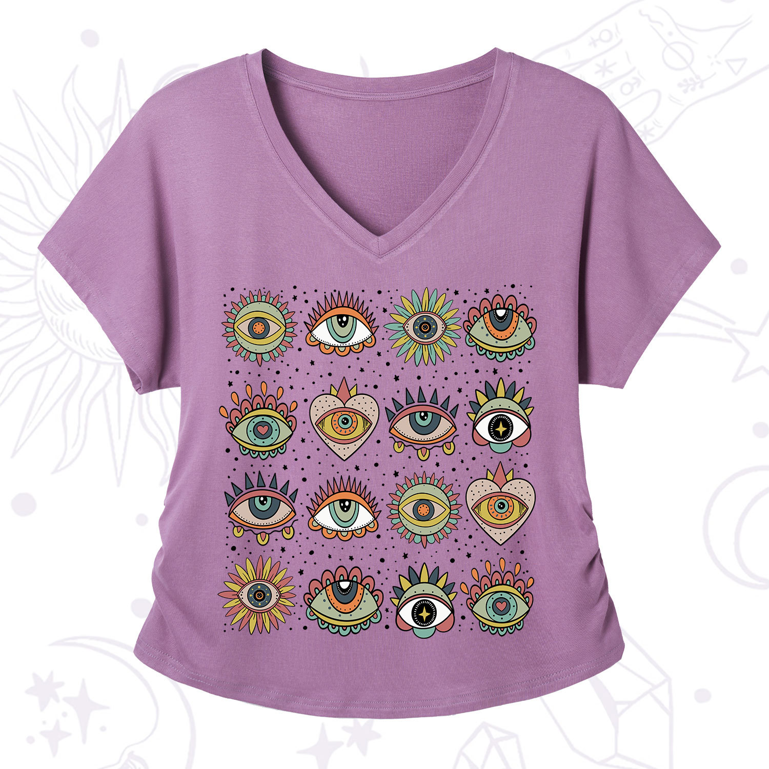 Purplehecate Mystical Evil Eye Pattern V-Neck T-Shirt