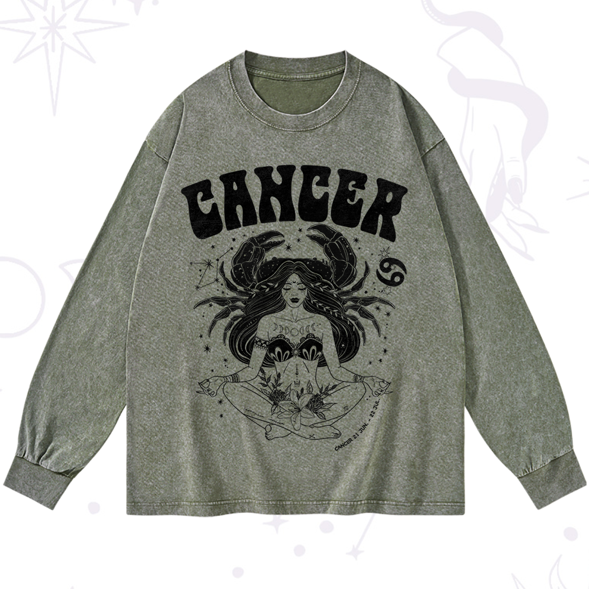 Purplehecate Cancer Zodiac Glyphs Washed Long Sleeve Shirt
