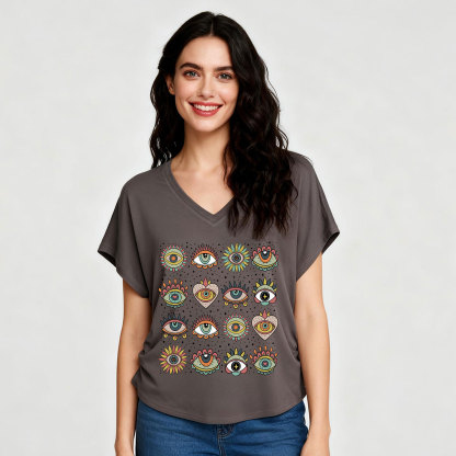 Purplehecate Mystical Evil Eye Pattern V-Neck T-Shirt
