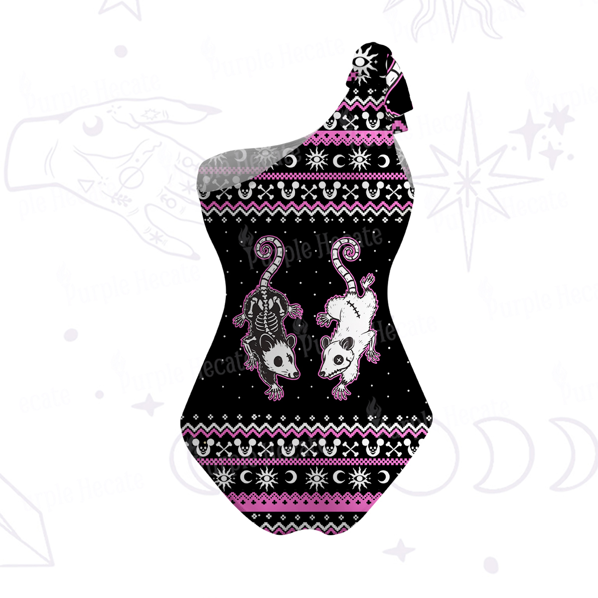 Purplehecate Moonlit Skeleton Rats One-Shoulder One-Piece Swimsuit