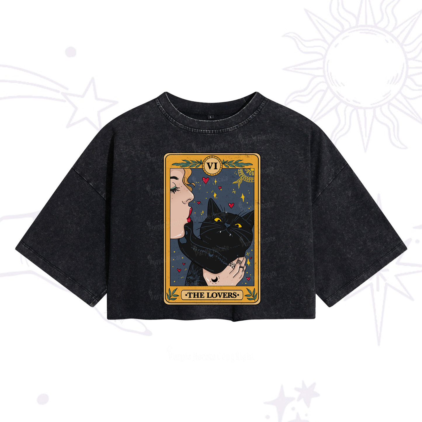 Purplehecate The Lovers Cat Tarot Washed Cropped T-Shirt