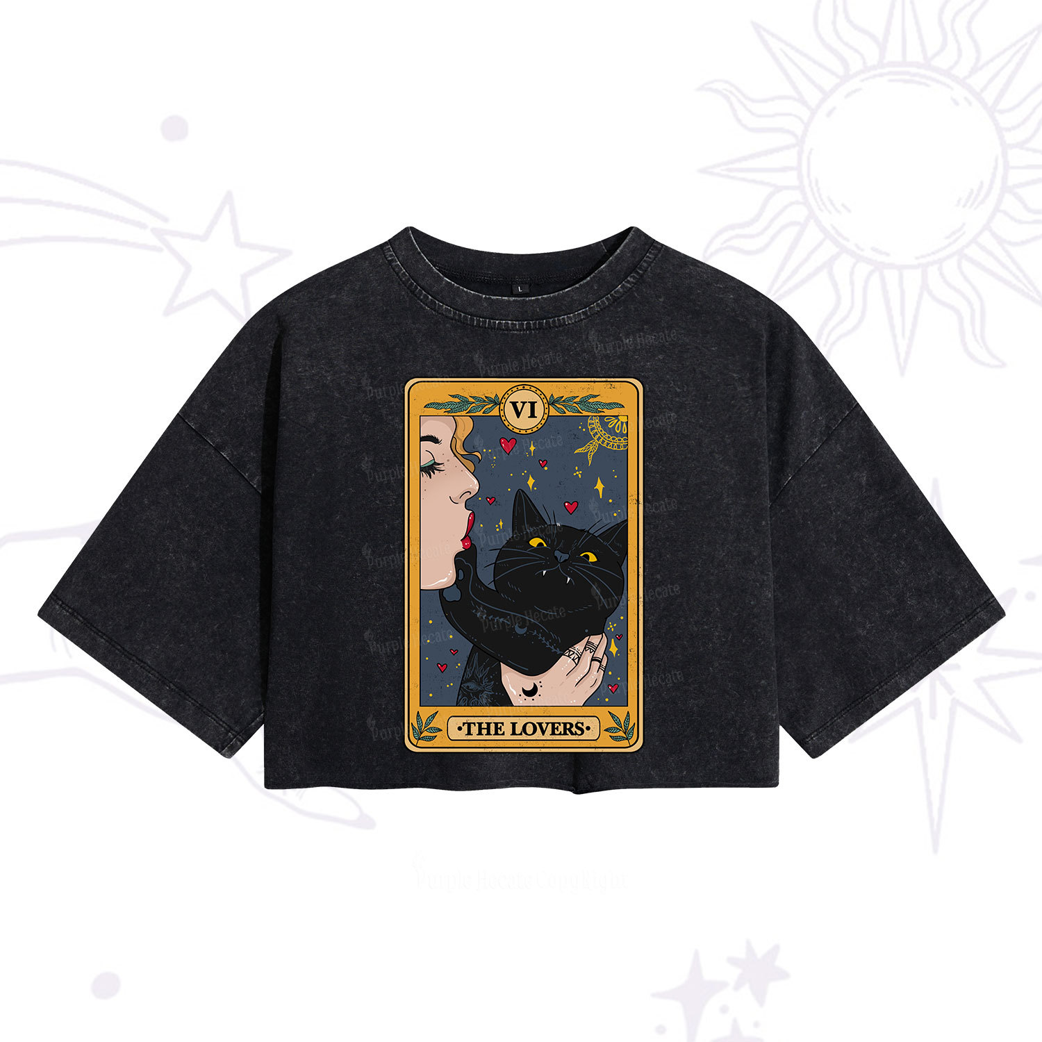 Purplehecate The Lovers Cat Tarot Washed Cropped T-Shirt