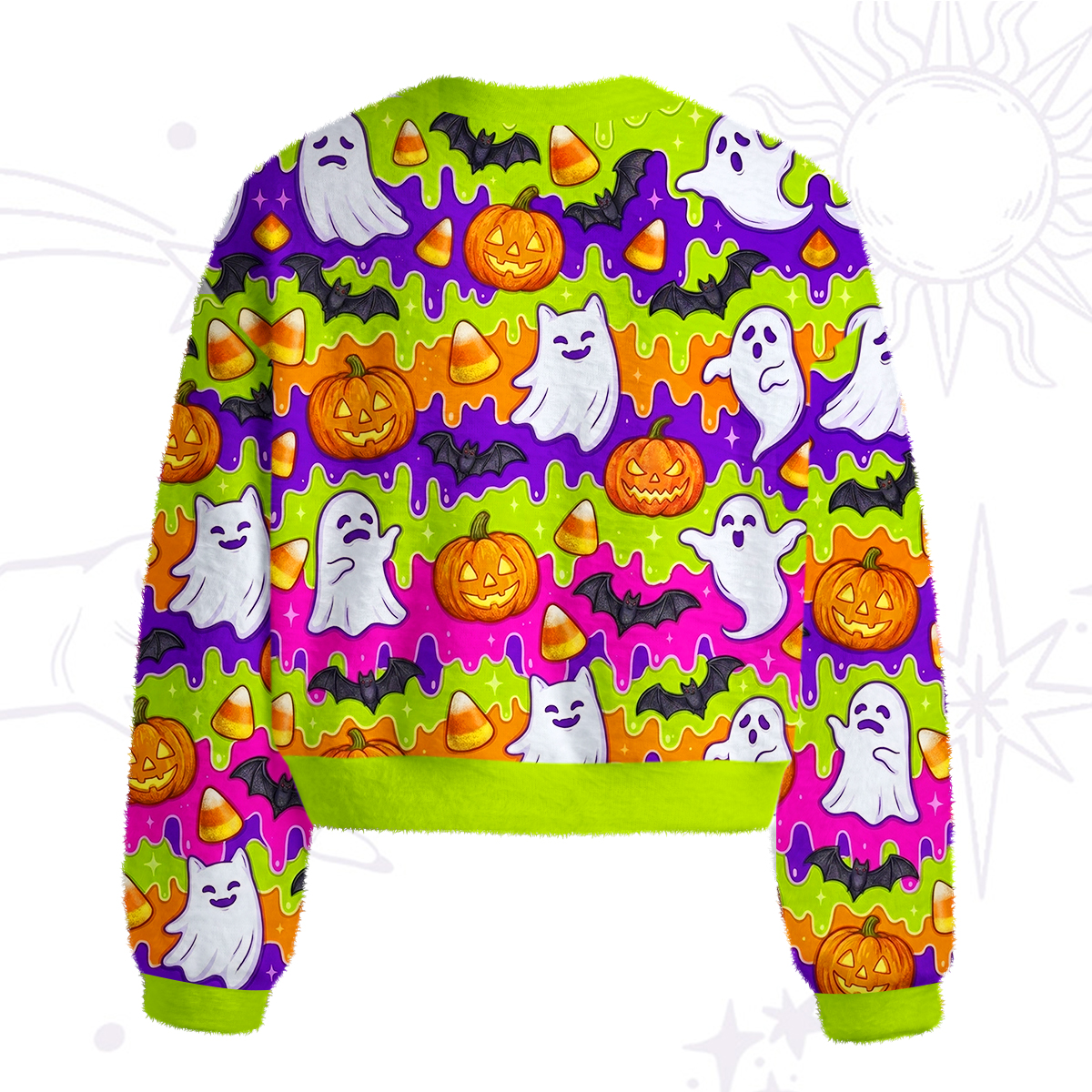 Purplehecate Halloween Ghost Jack‑o'-Lantern Fuzzy Crewneck Sweater