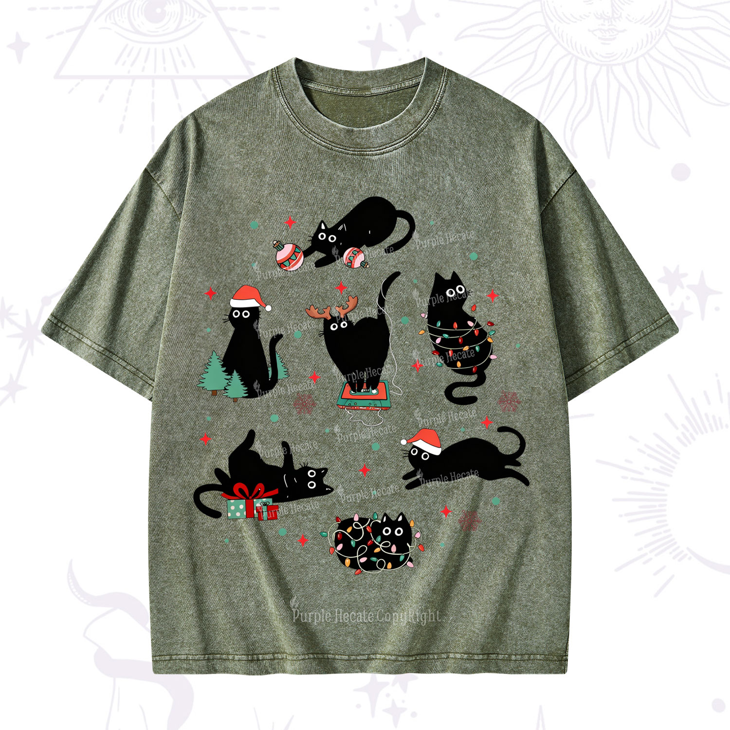 Purplehecate Christmas Cat Mom Holiday Washed T-Shirt
