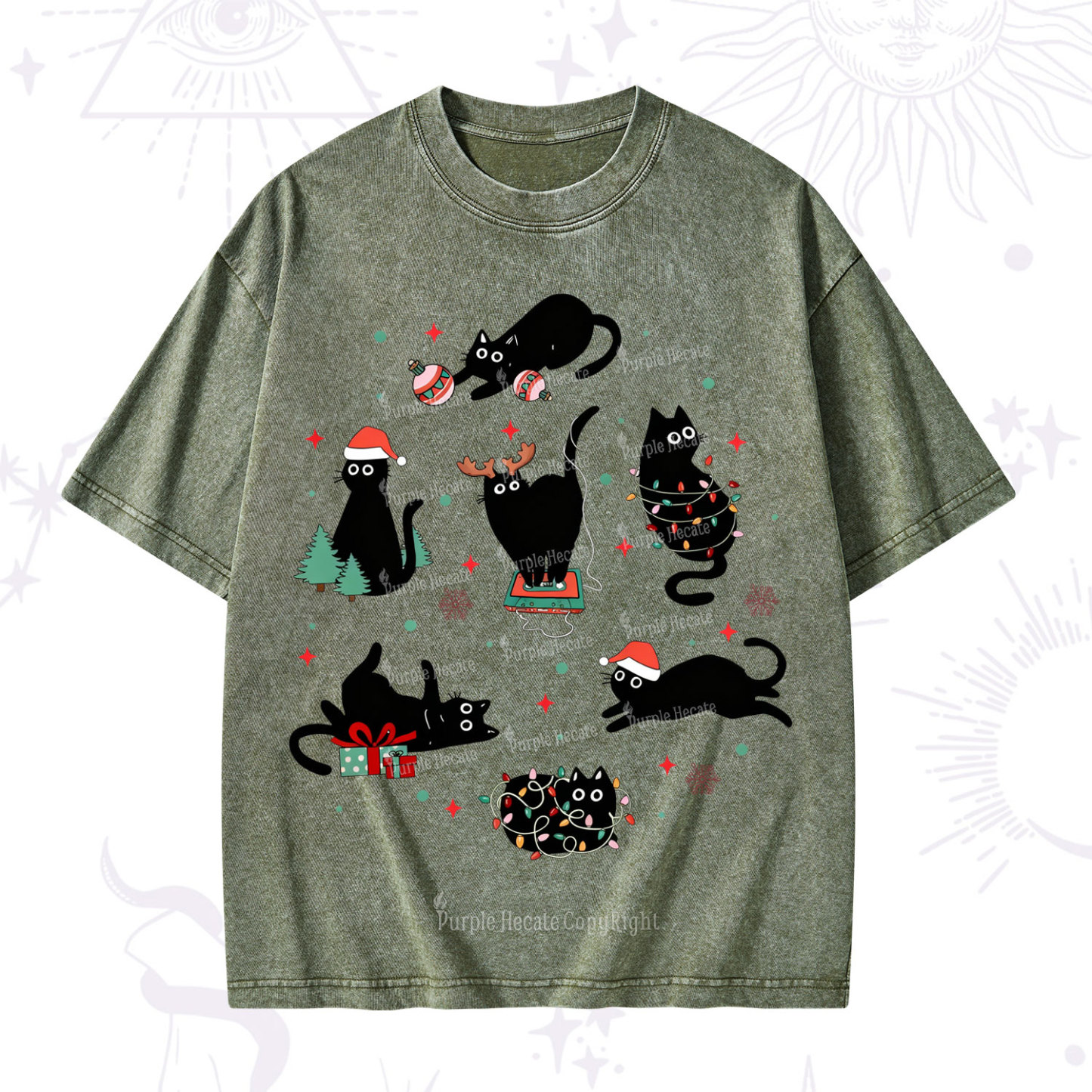 Purplehecate Christmas Cat Mom Holiday Washed T-Shirt