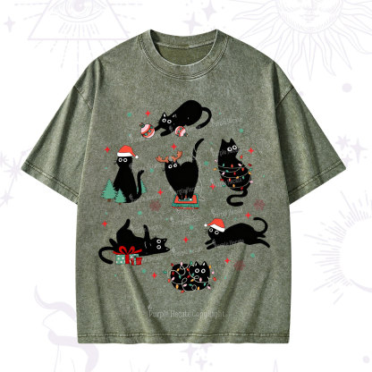 Purplehecate Christmas Cat Mom Holiday Washed T-Shirt