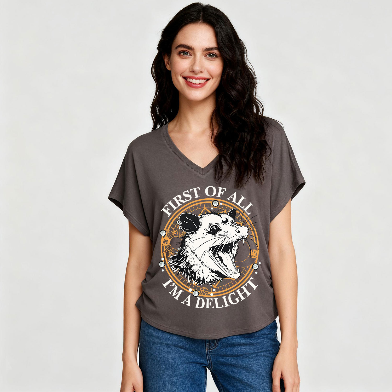 Purplehecate First Of All I Am A Delightful Angry Opossum V-Neck T-Shirt