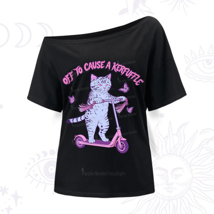 Purplehecate Off To Cause A Kerfuffle Cat One Shoulder T-Shirt