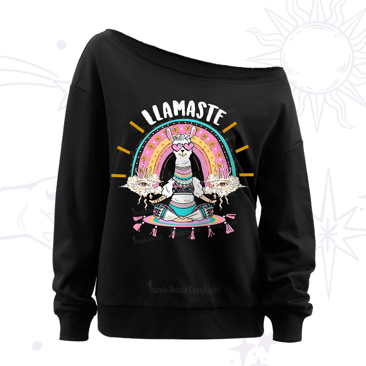 Purplehecate Llama Meditating Off The Shoulder Sweatshirt