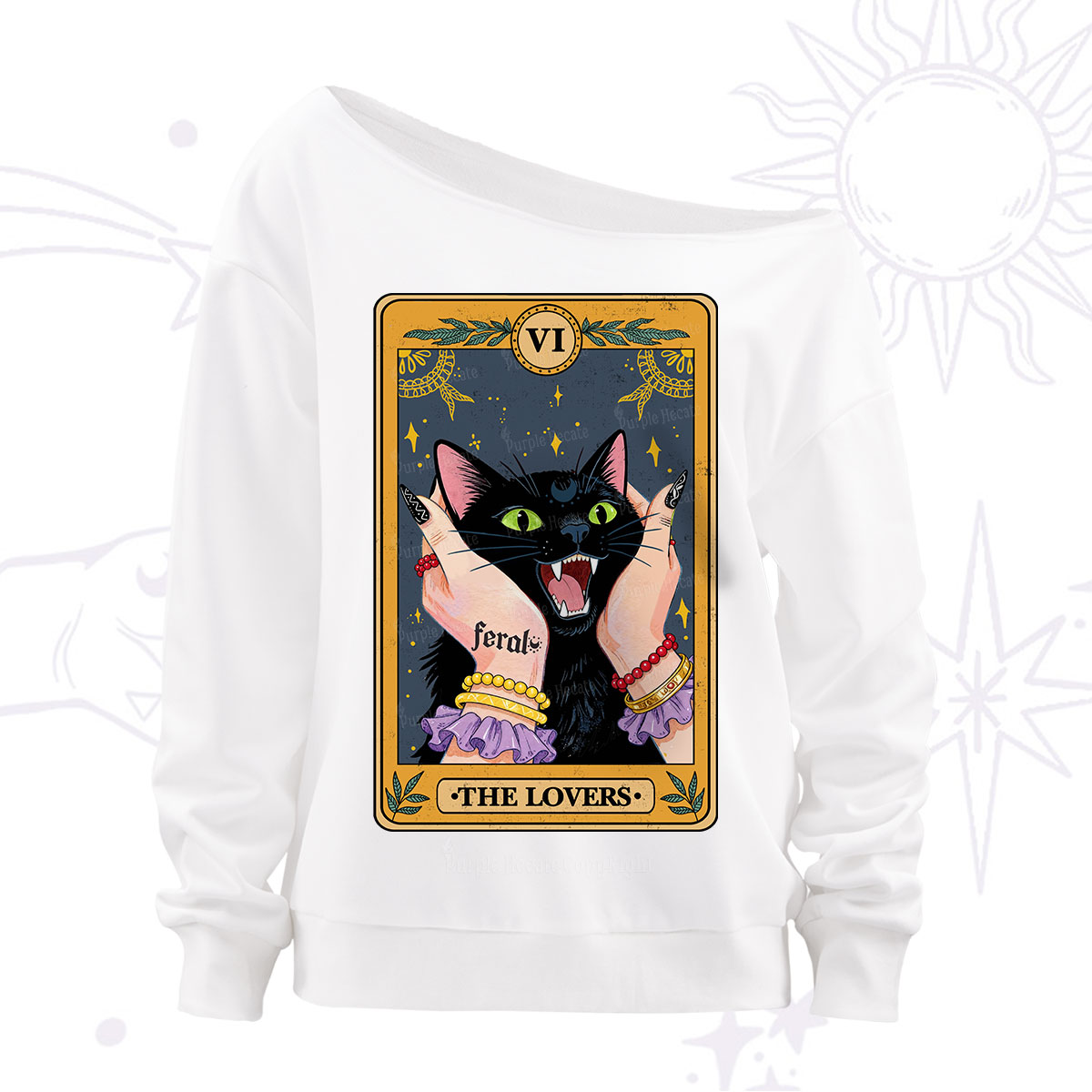 Purplehecate The Lovers Tarot Feral Cat Off The Shoulder Sweatshirt