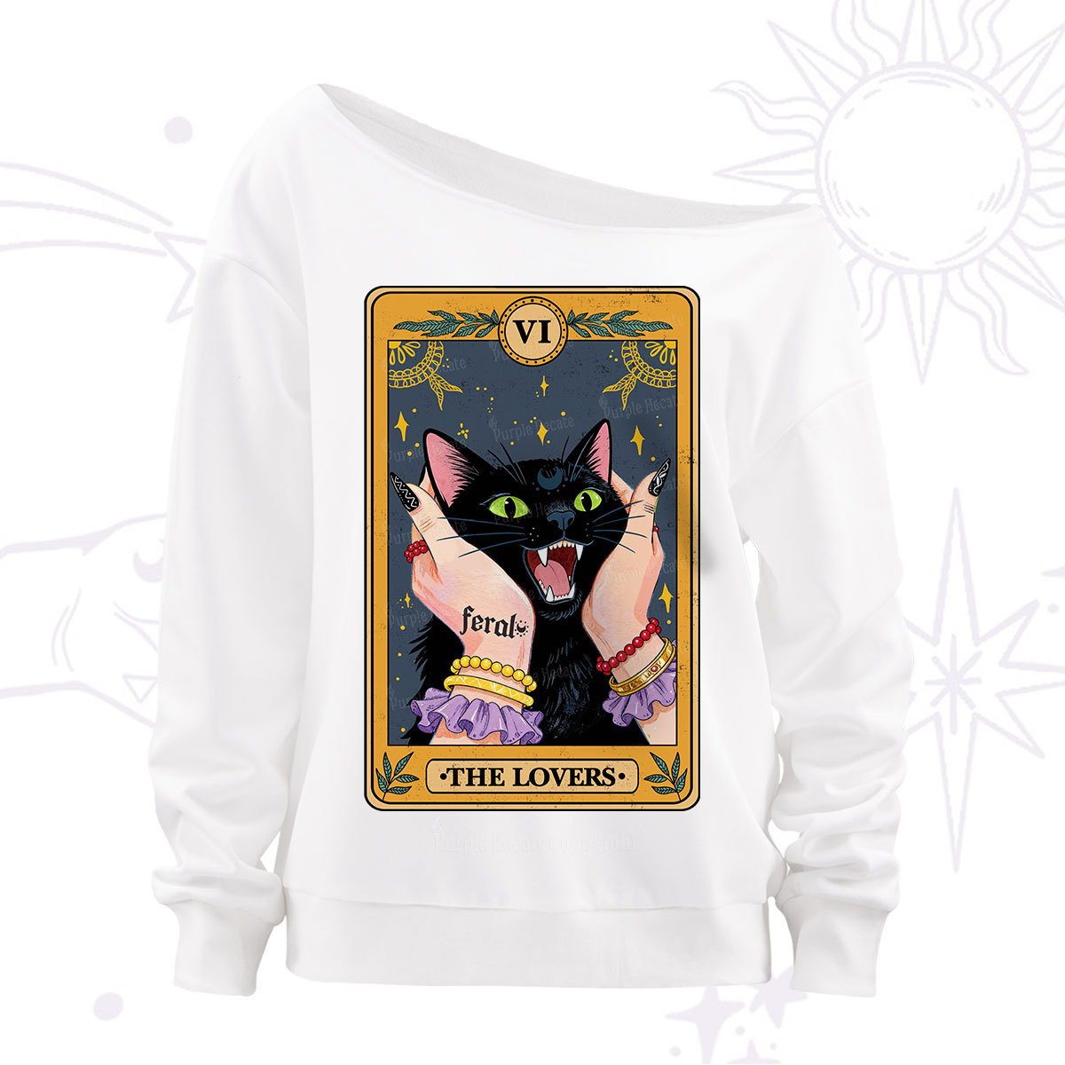 Purplehecate The Lovers Tarot Feral Cat Off The Shoulder Sweatshirt