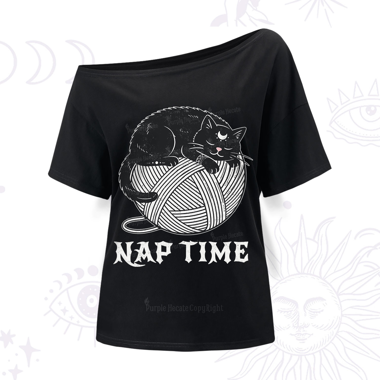 Purplehecate Nap Time Cat One Shoulder T-Shirt