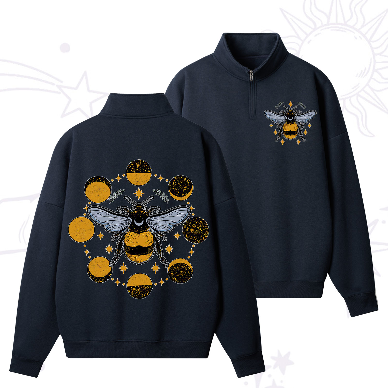 Purplehecate Phases of the Moon Bee Zip Fleece Sweatshirt