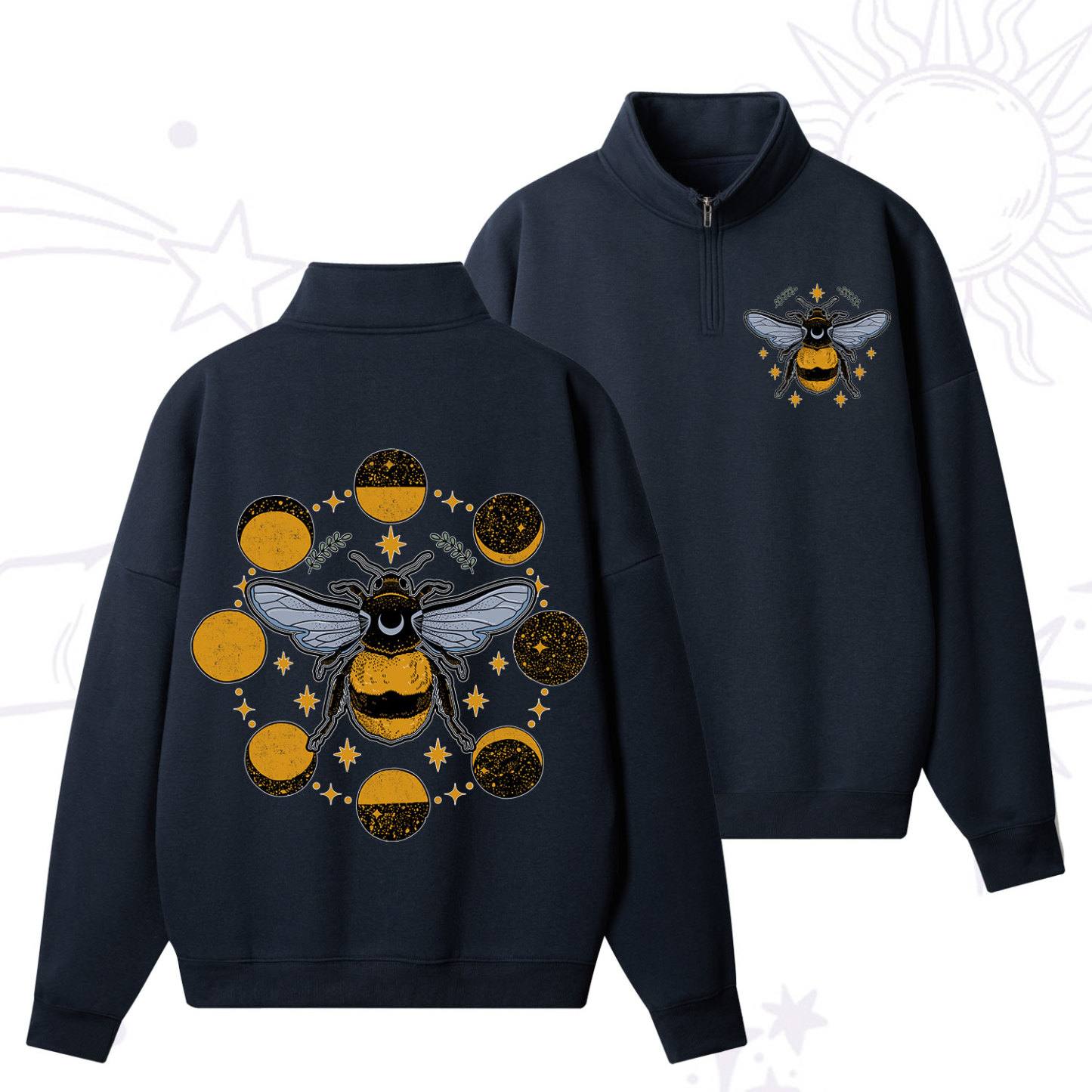 Purplehecate Phases of the Moon Bee Zip Fleece Sweatshirt