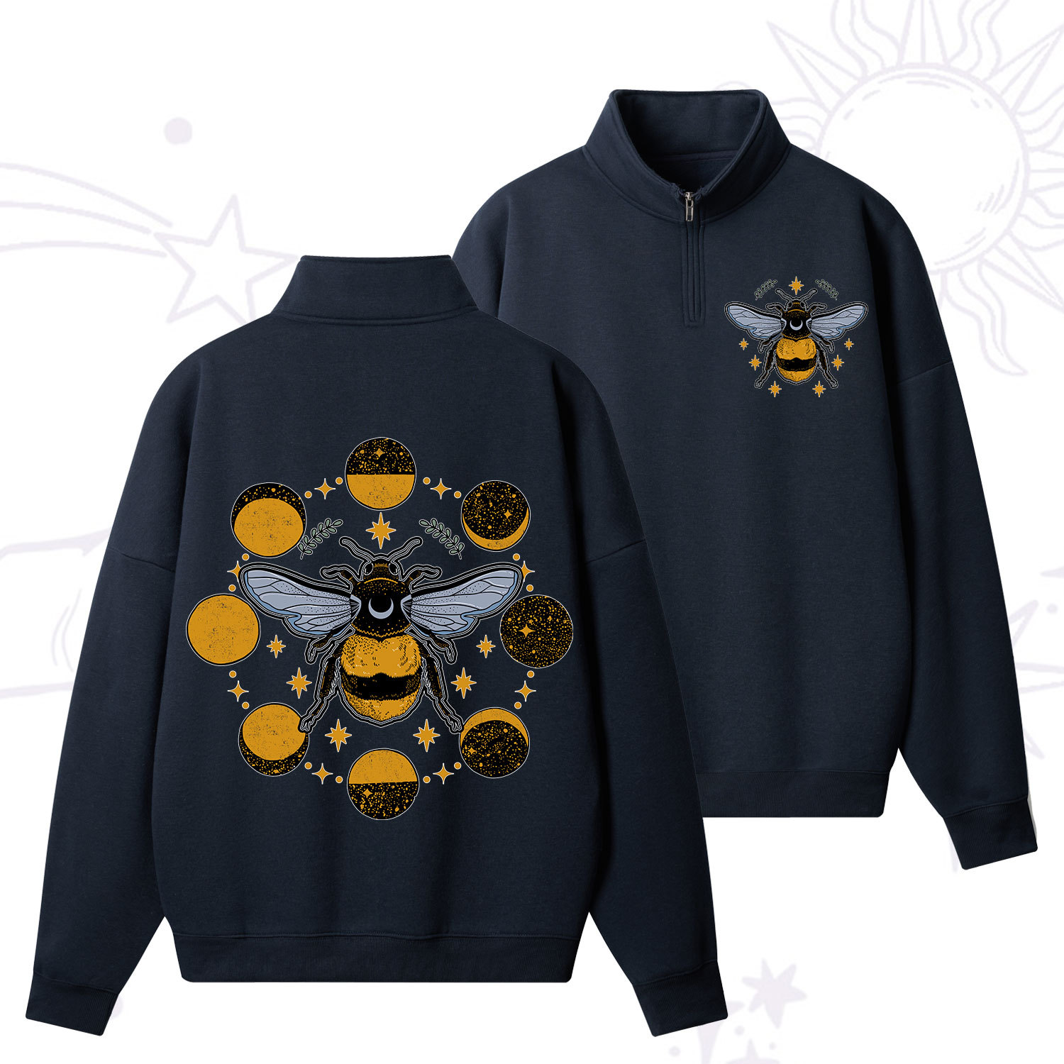 Purplehecate Phases of the Moon Bee Zip Fleece Sweatshirt