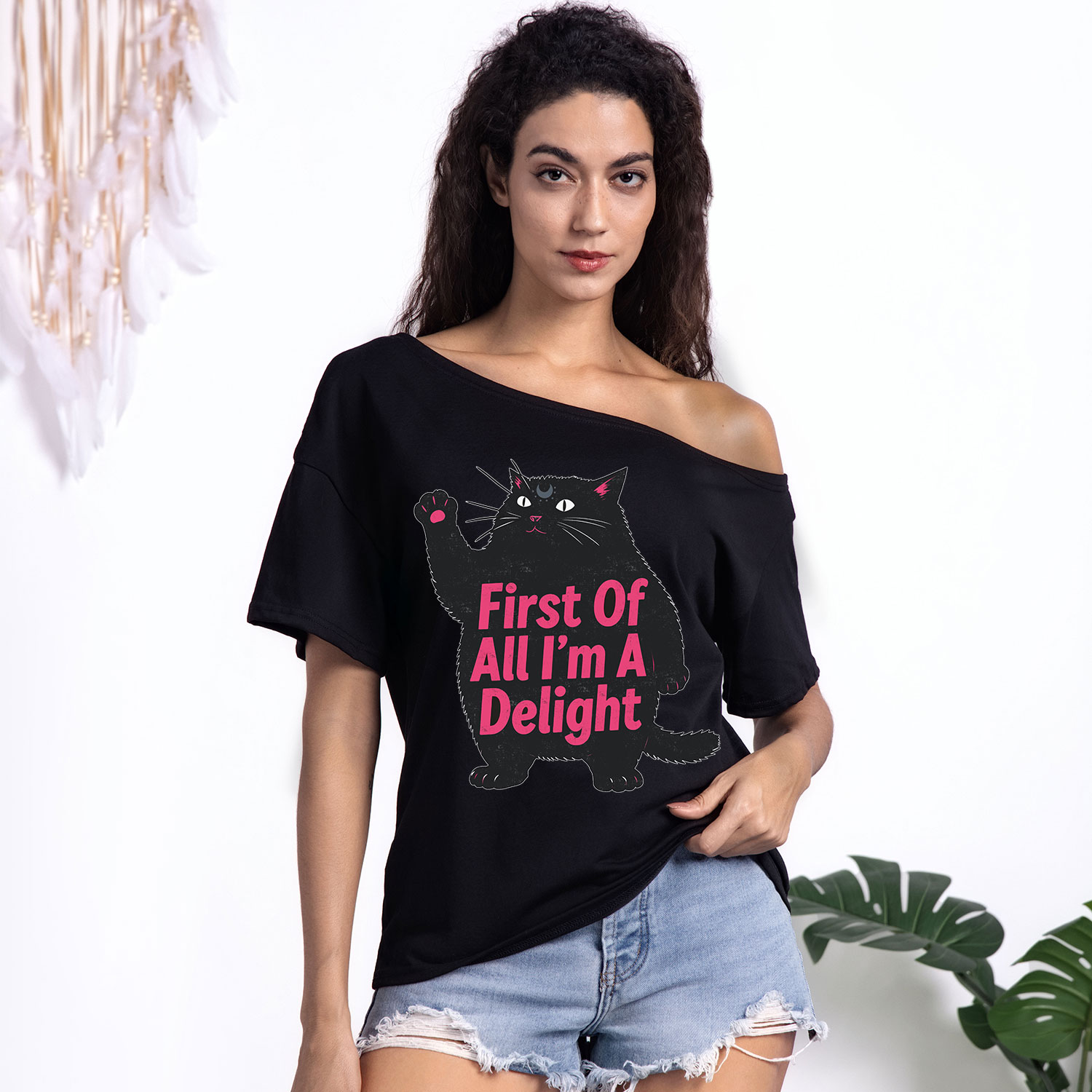 Purplehecate First Of All I'm A Delight Cat One Shoulder T-Shirt