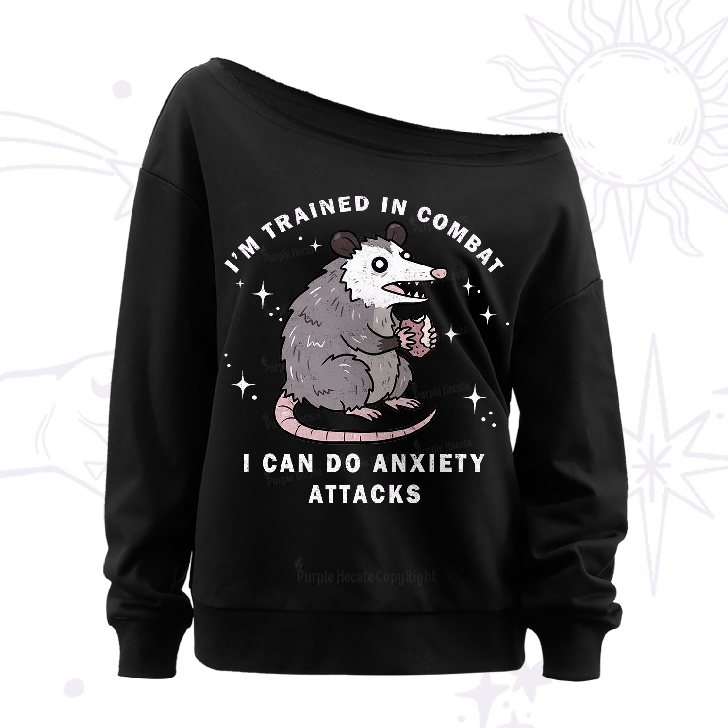 Purplehecate Anixety Attack Opossum Off The Shoulder Sweatshirt
