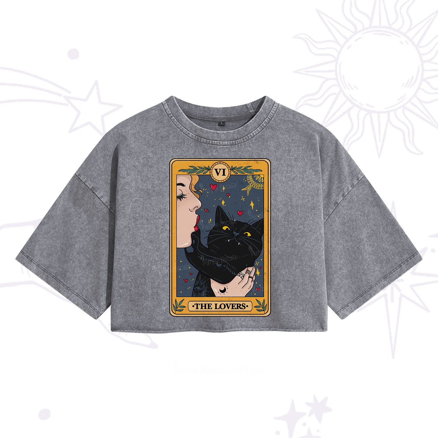Purplehecate The Lovers Cat Tarot Washed Cropped T-Shirt