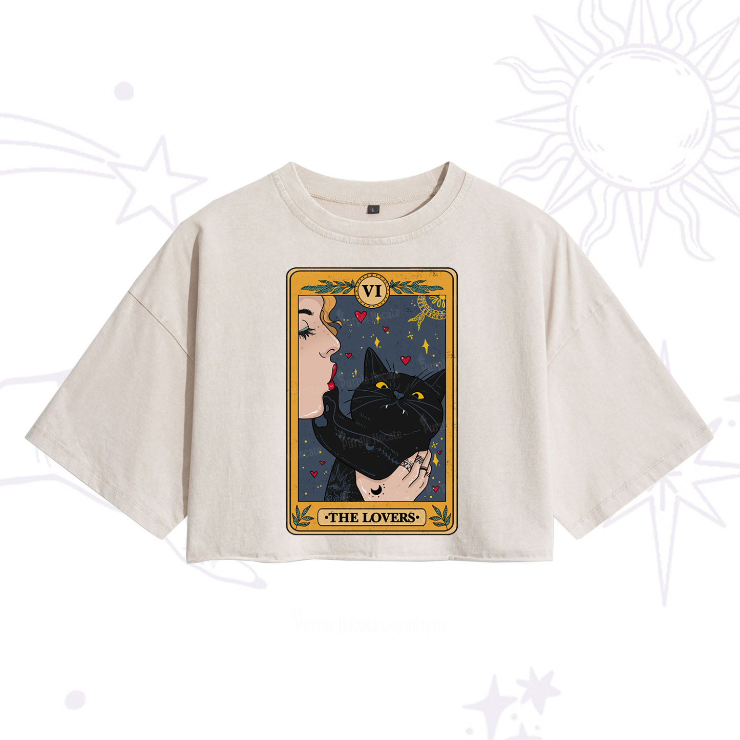 Purplehecate The Lovers Cat Tarot Washed Cropped T-Shirt