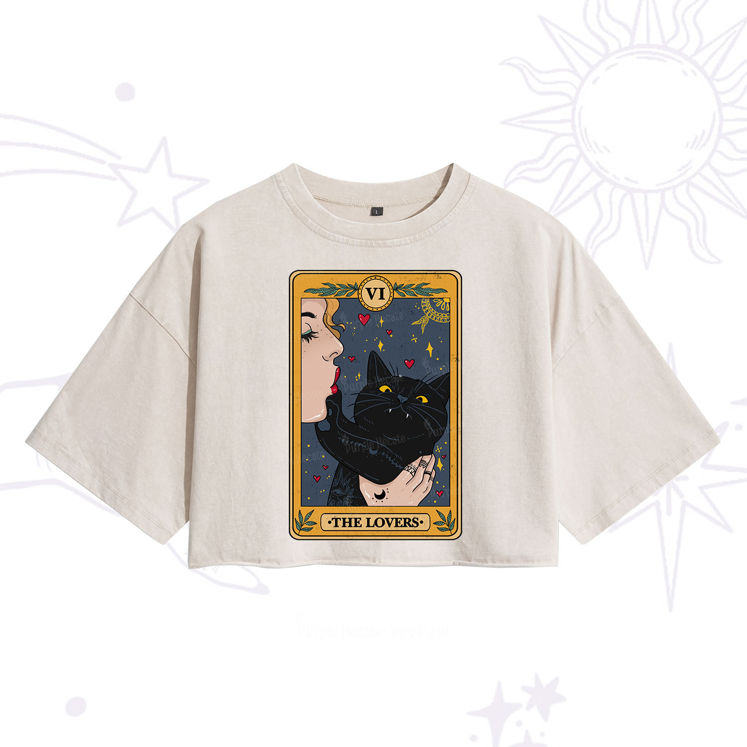 Purplehecate The Lovers Cat Tarot Washed Cropped T-Shirt