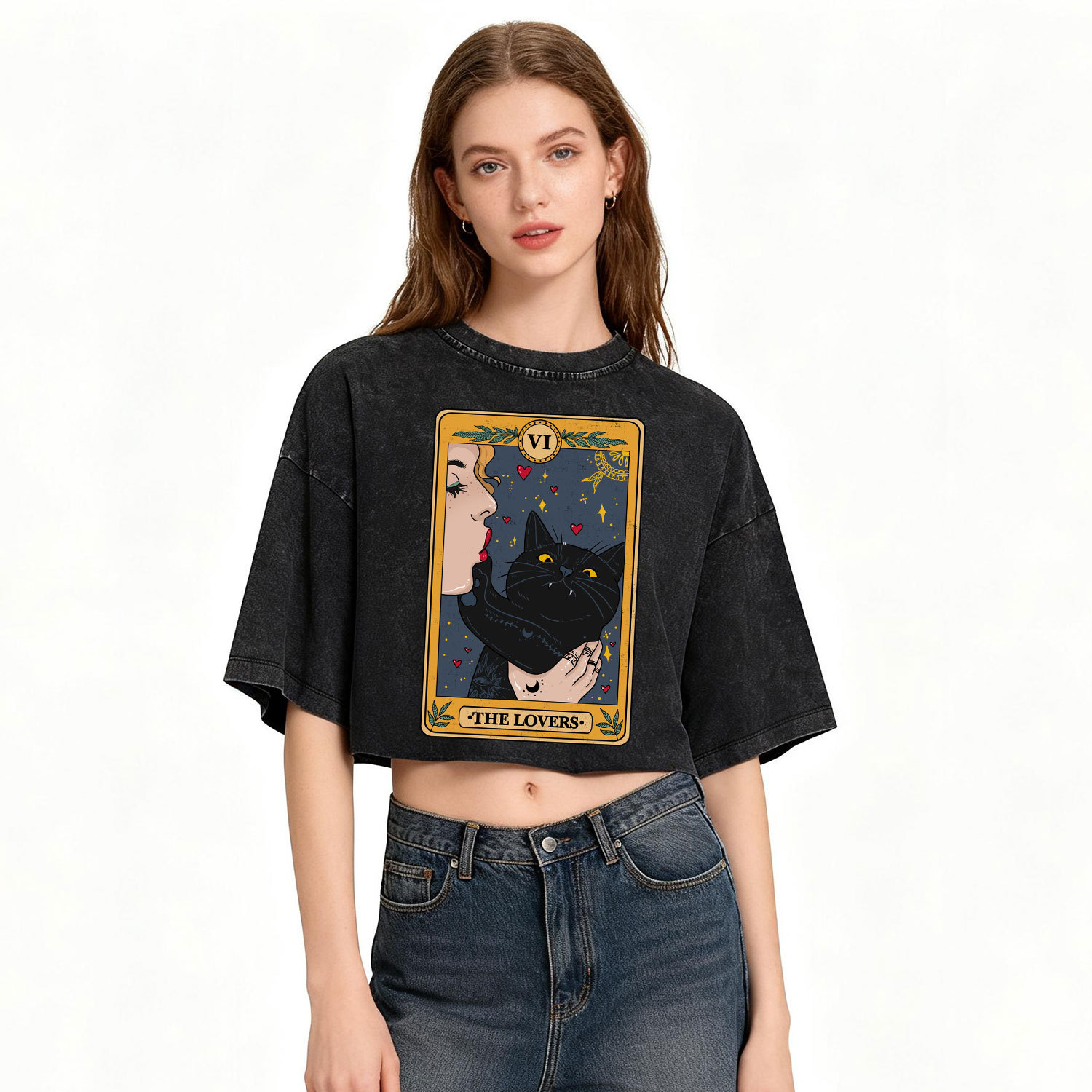 Purplehecate The Lovers Cat Tarot Washed Cropped T-Shirt
