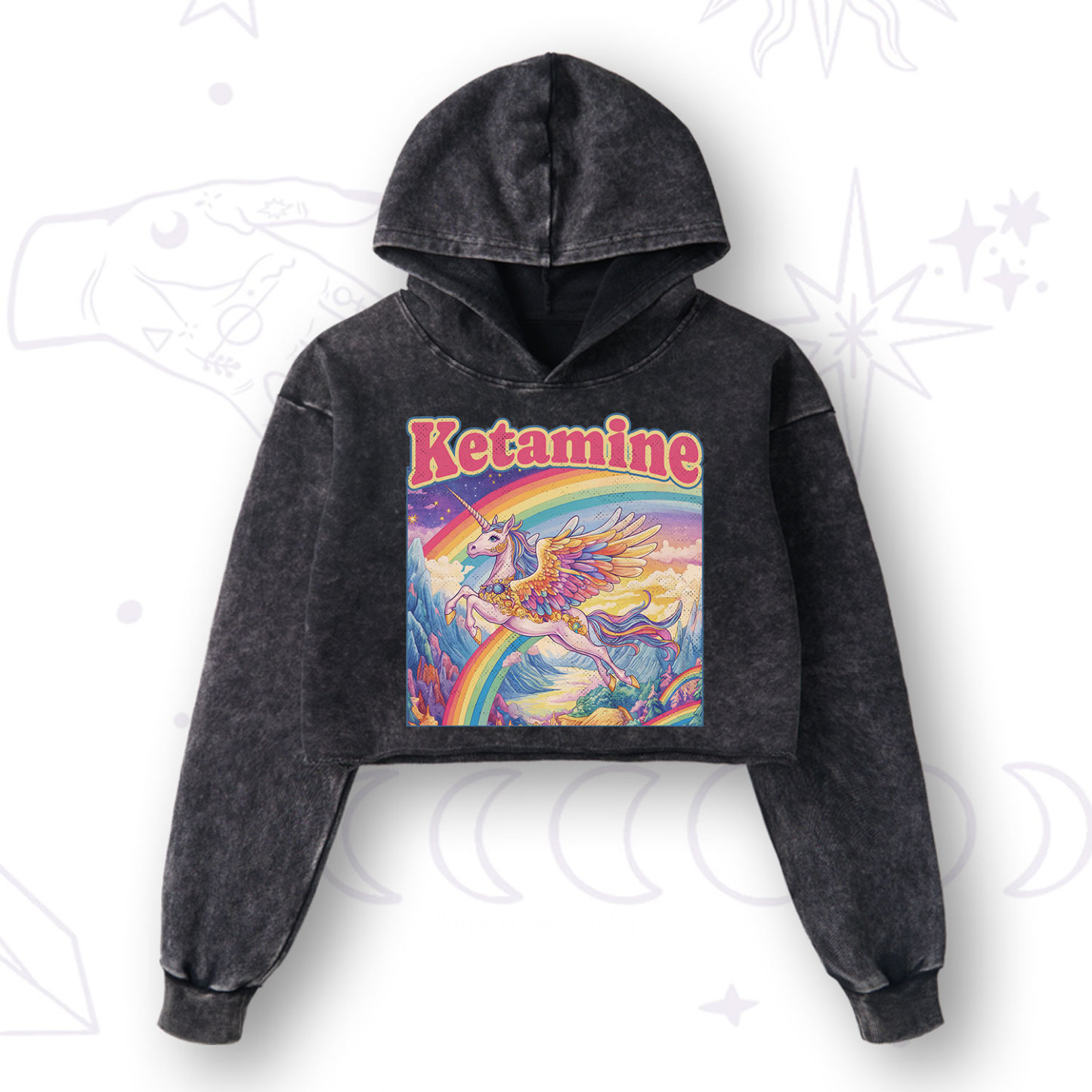 Purplehecate Ketamine Rainbow Unicorn Washed Cropped Hoodie