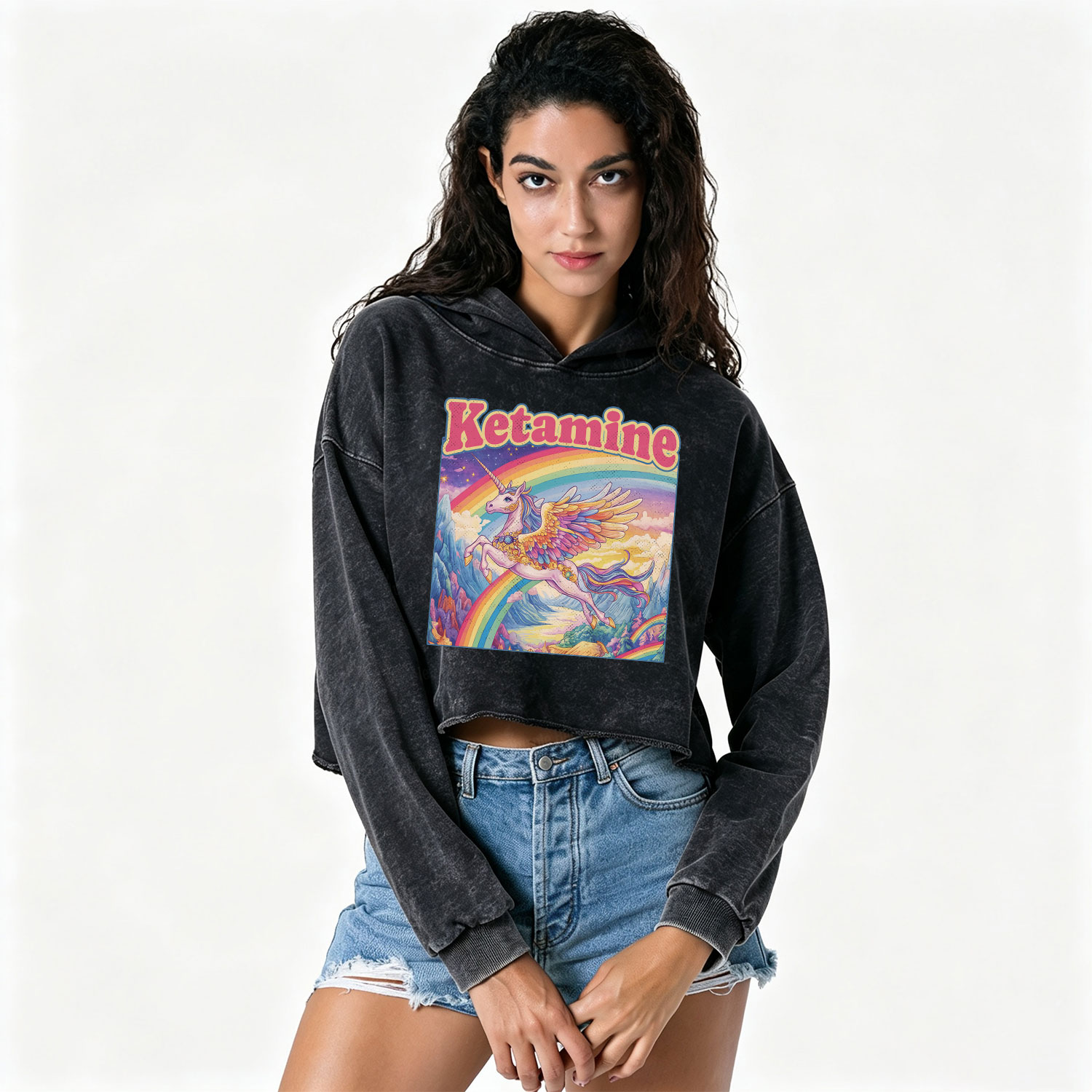 Purplehecate Ketamine Rainbow Unicorn Washed Cropped Hoodie