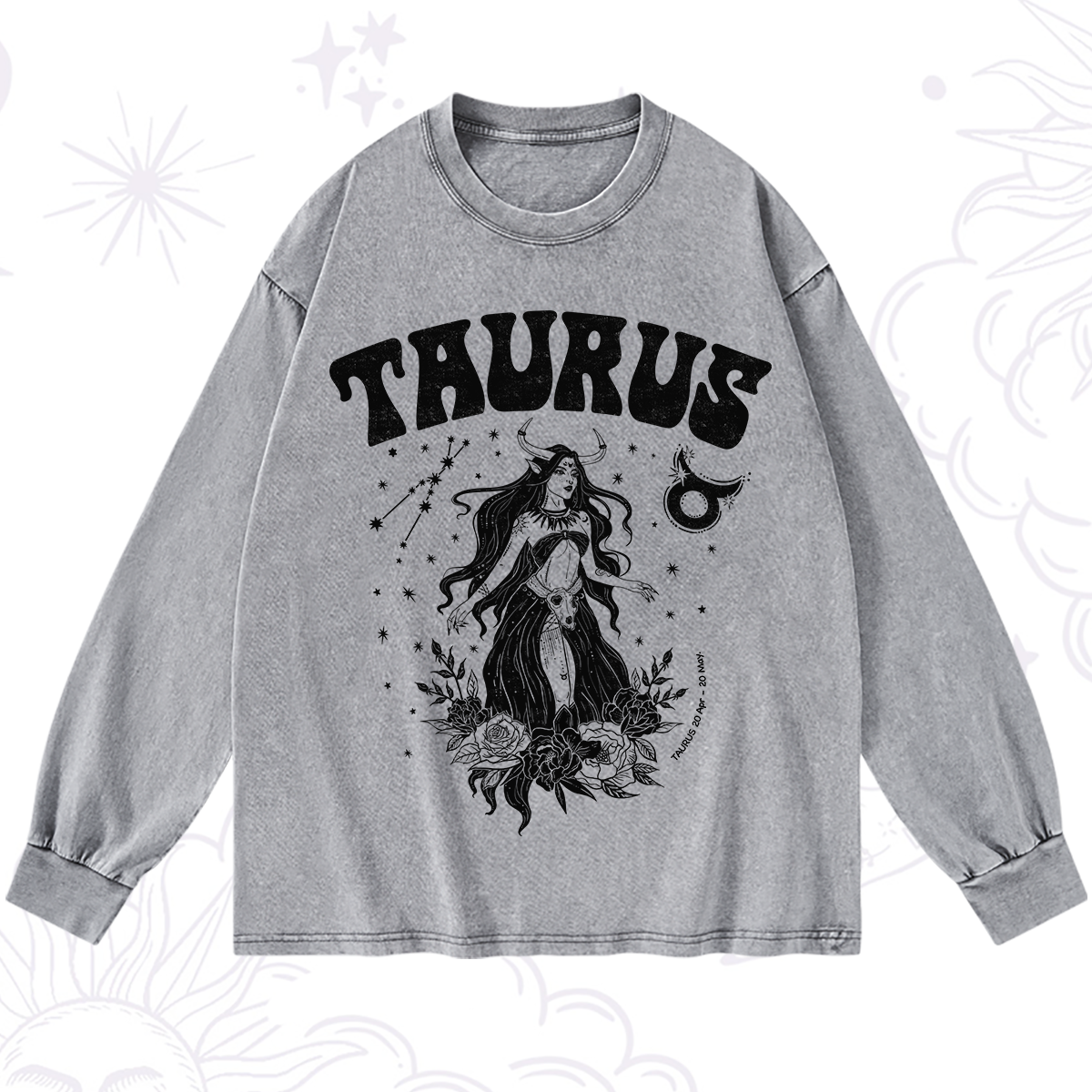Purplehecate Taurus Zodiac Glyphs Washed Long Sleeve Shirt