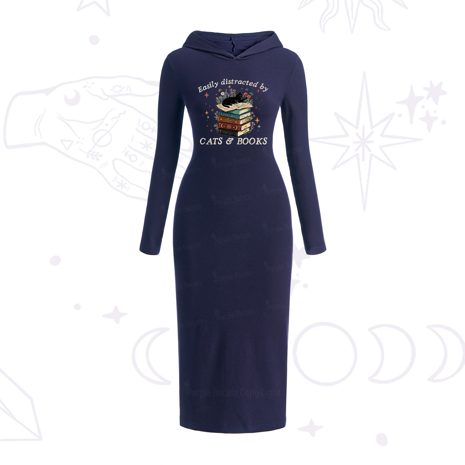Purplehecate Easily Distracted By Cats And Books Hooded Knit Dress