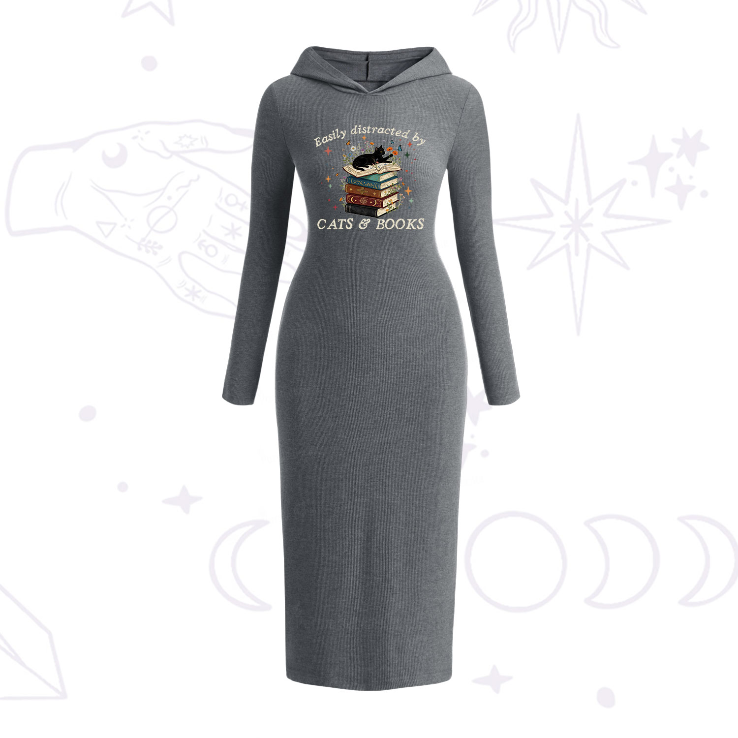 Purplehecate Easily Distracted By Cats And Books Hooded Knit Dress
