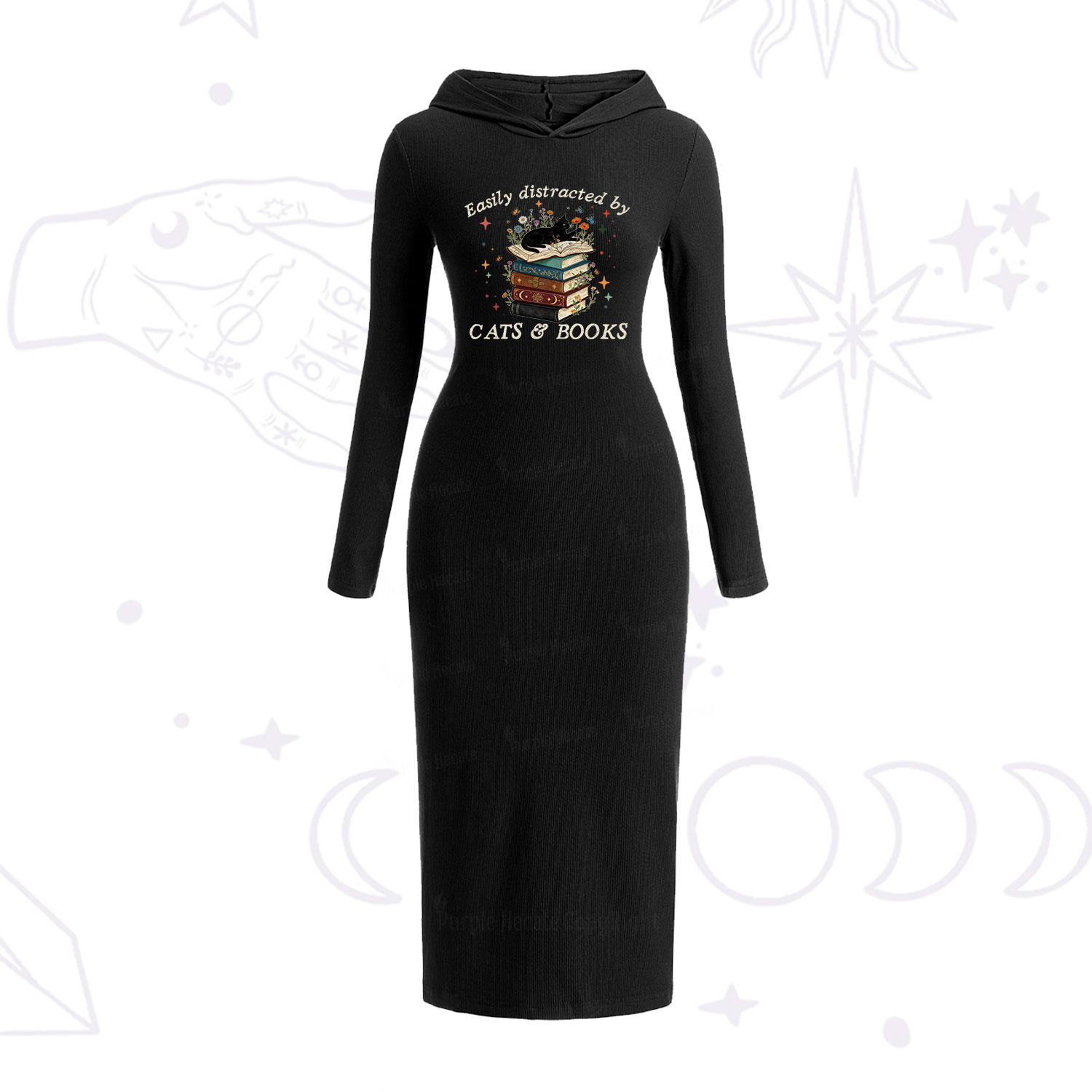 Purplehecate Easily Distracted By Cats And Books Hooded Knit Dress