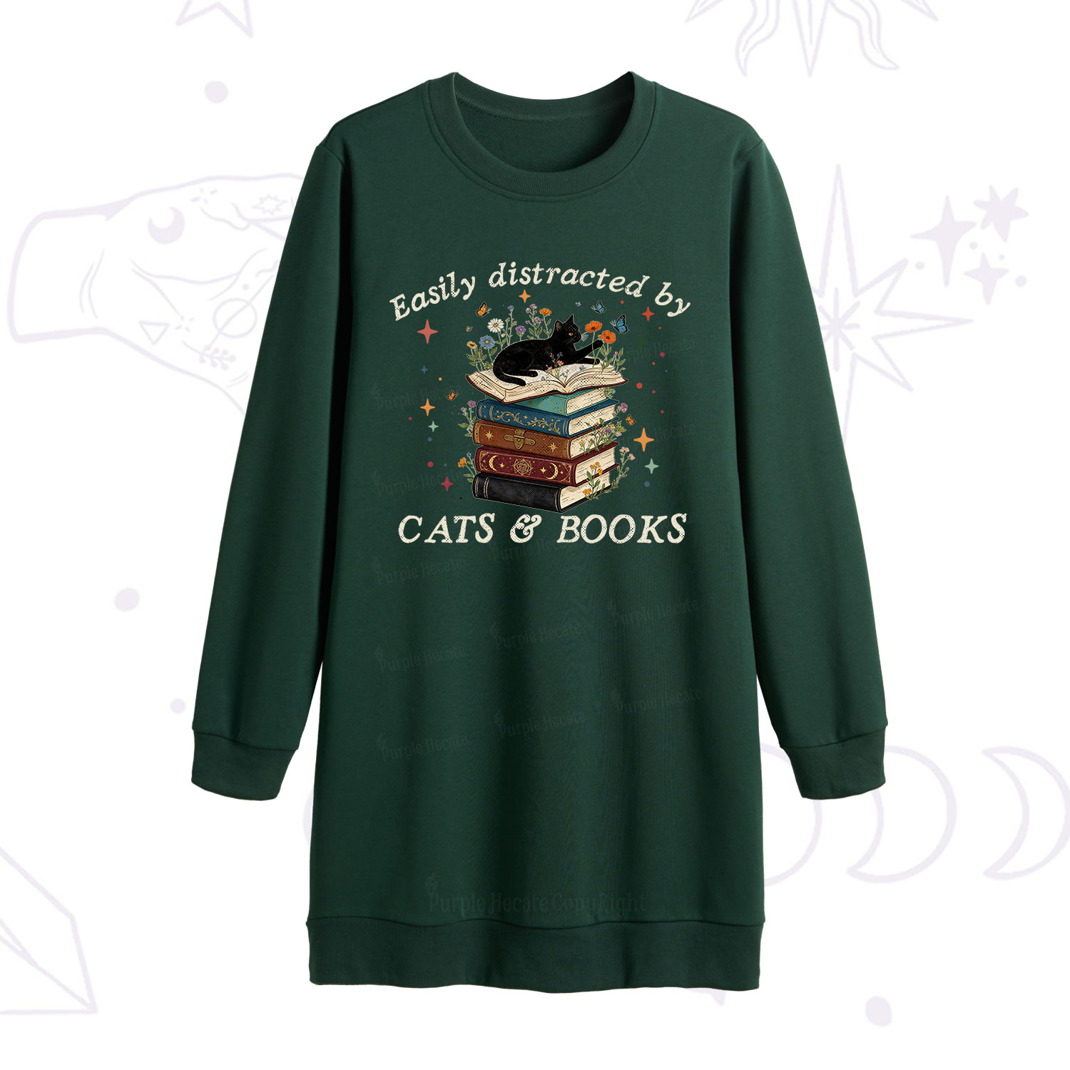 Purplehecate Easily Distracted By Cats And Books Sweatshirt Dress