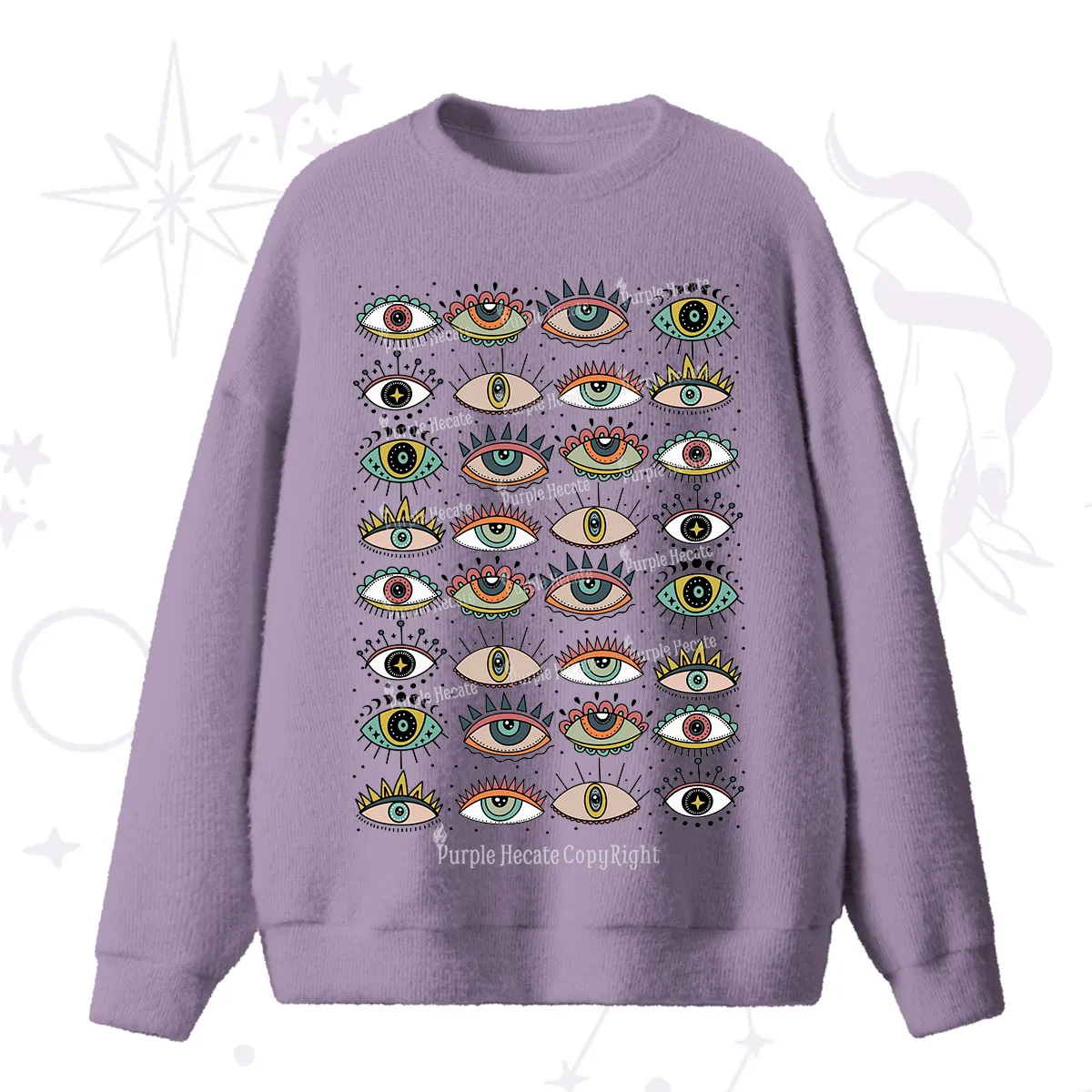 Purplehecate Evil Eye Pattern Fuzzy Ugly Sweater