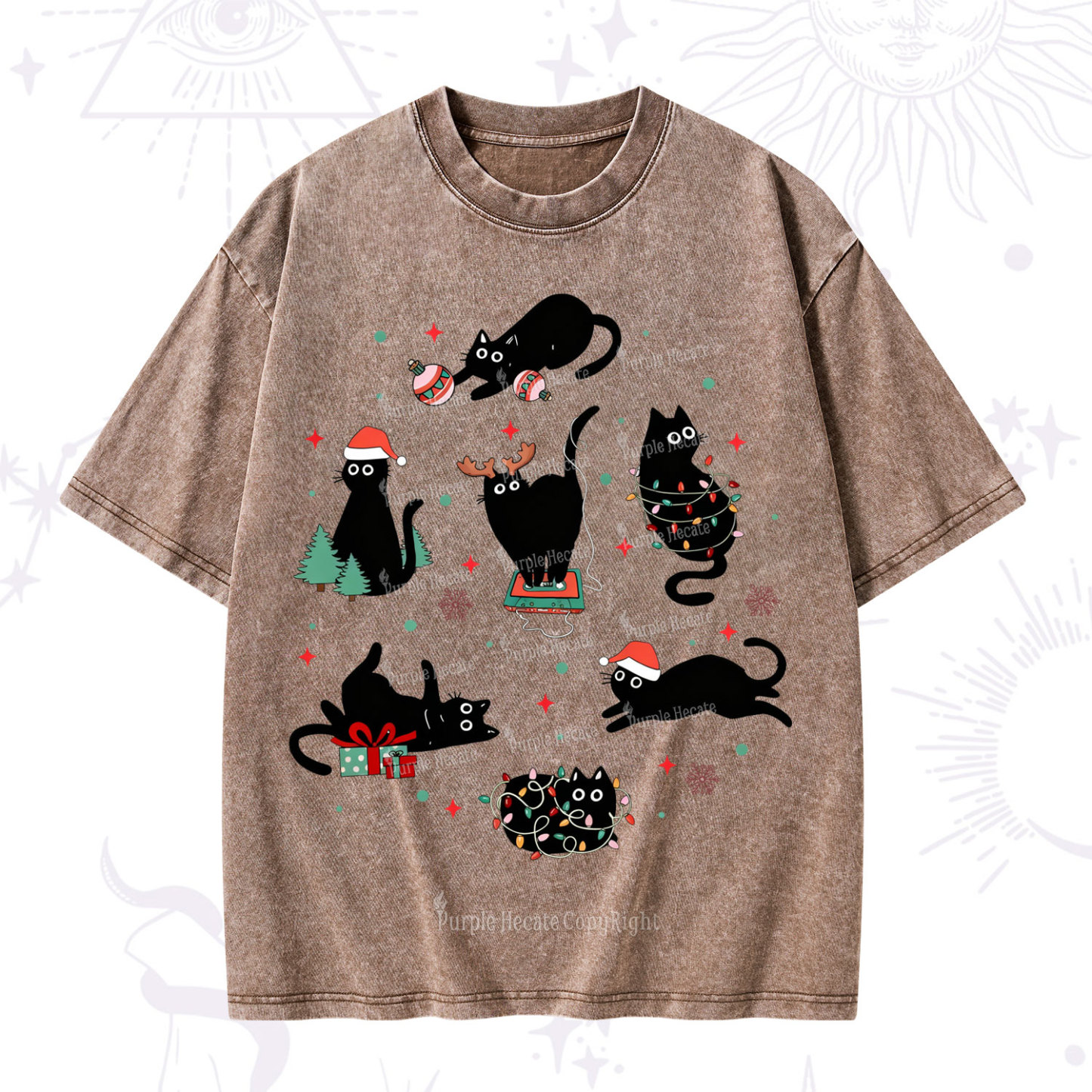 Purplehecate Christmas Cat Mom Holiday Washed T-Shirt