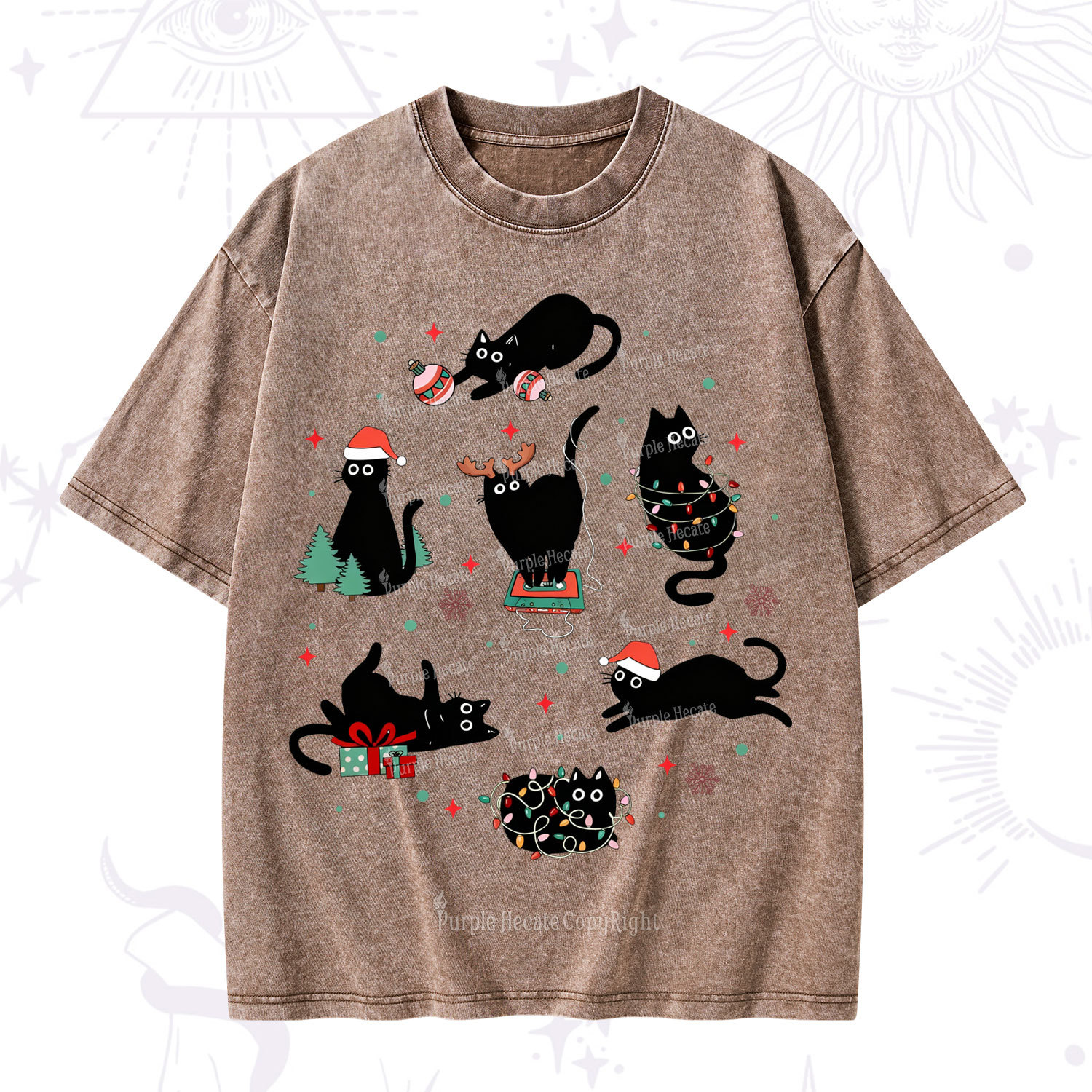 Purplehecate Christmas Cat Mom Holiday Washed T-Shirt