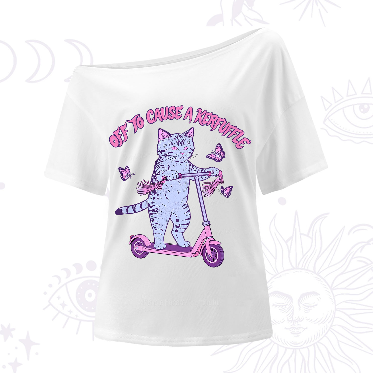 Purplehecate Off To Cause A Kerfuffle Cat One Shoulder T-Shirt