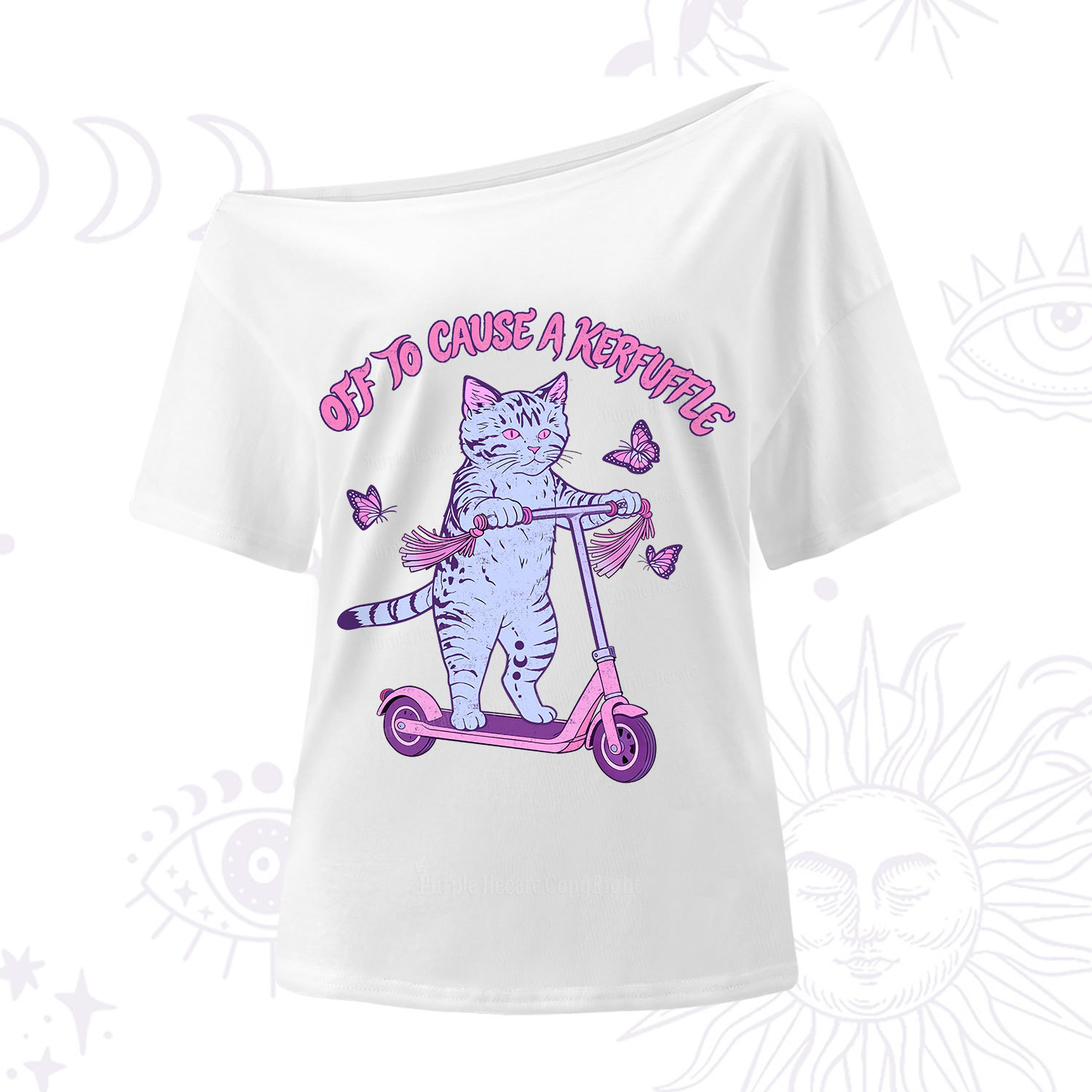 Purplehecate Off To Cause A Kerfuffle Cat One Shoulder T-Shirt