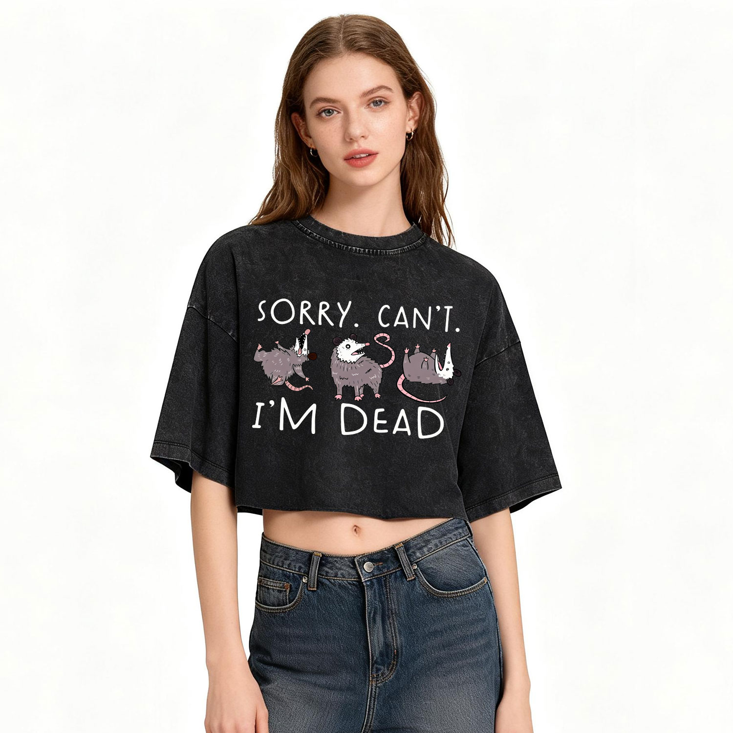Purplehecate Funny Possum Sorry I Can't I'm Dead Washed Cropped T-Shirt