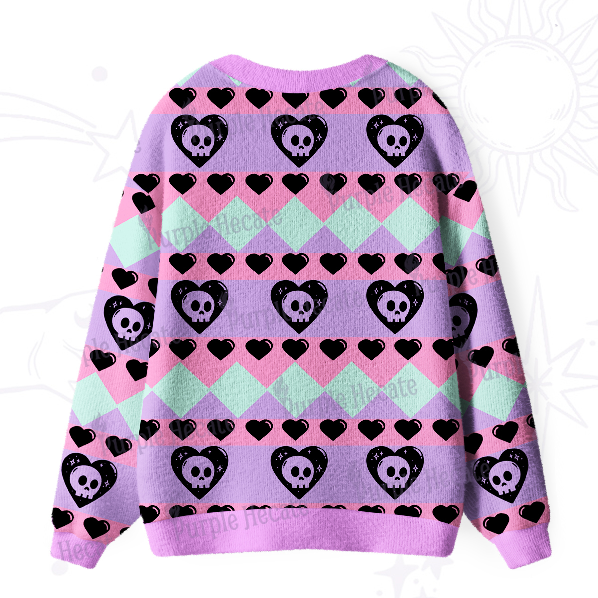 Purplehecate Sweet Yet Spooky Skull Heart Ugly Cardigan Sweaters