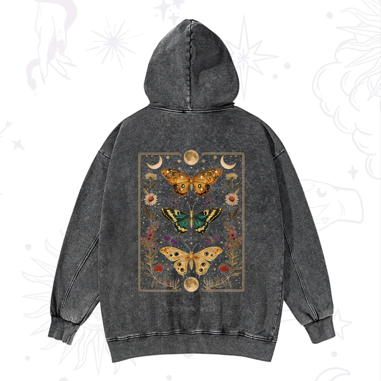 Purplehecate Sun and Moon Butterfly Washed Hoodie