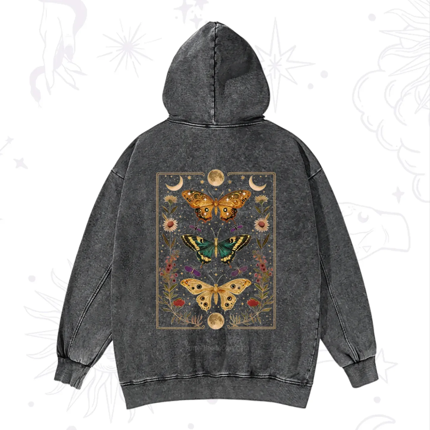 Purplehecate Sun and Moon Butterfly Washed Hoodie