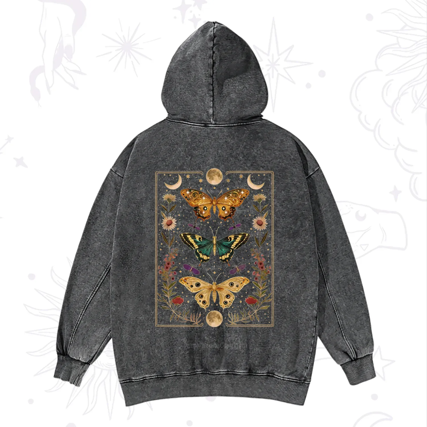 Purplehecate Sun and Moon Butterfly Washed Hoodie