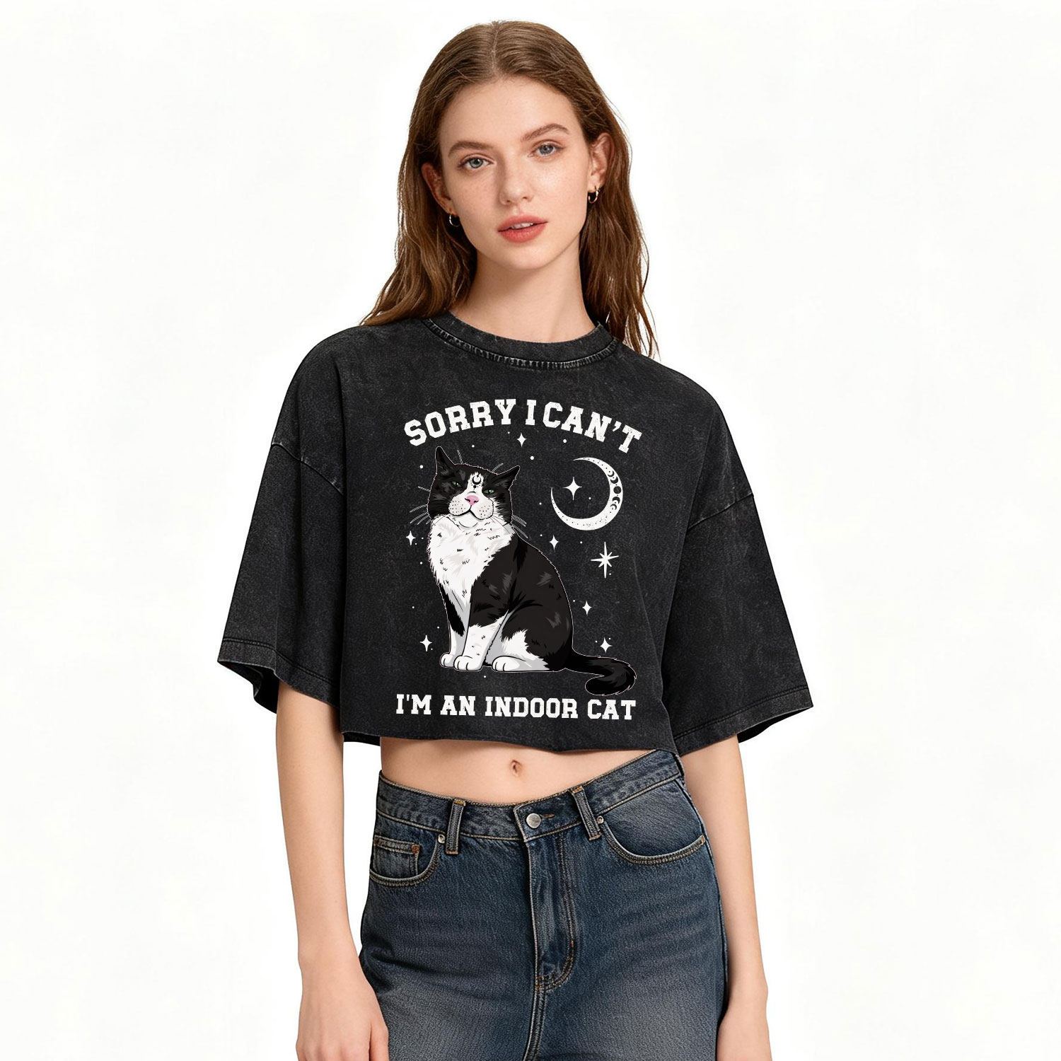 Purplehecate Sorry I Can't Go I'm an Indoor Cat Washed Cropped T-Shirt