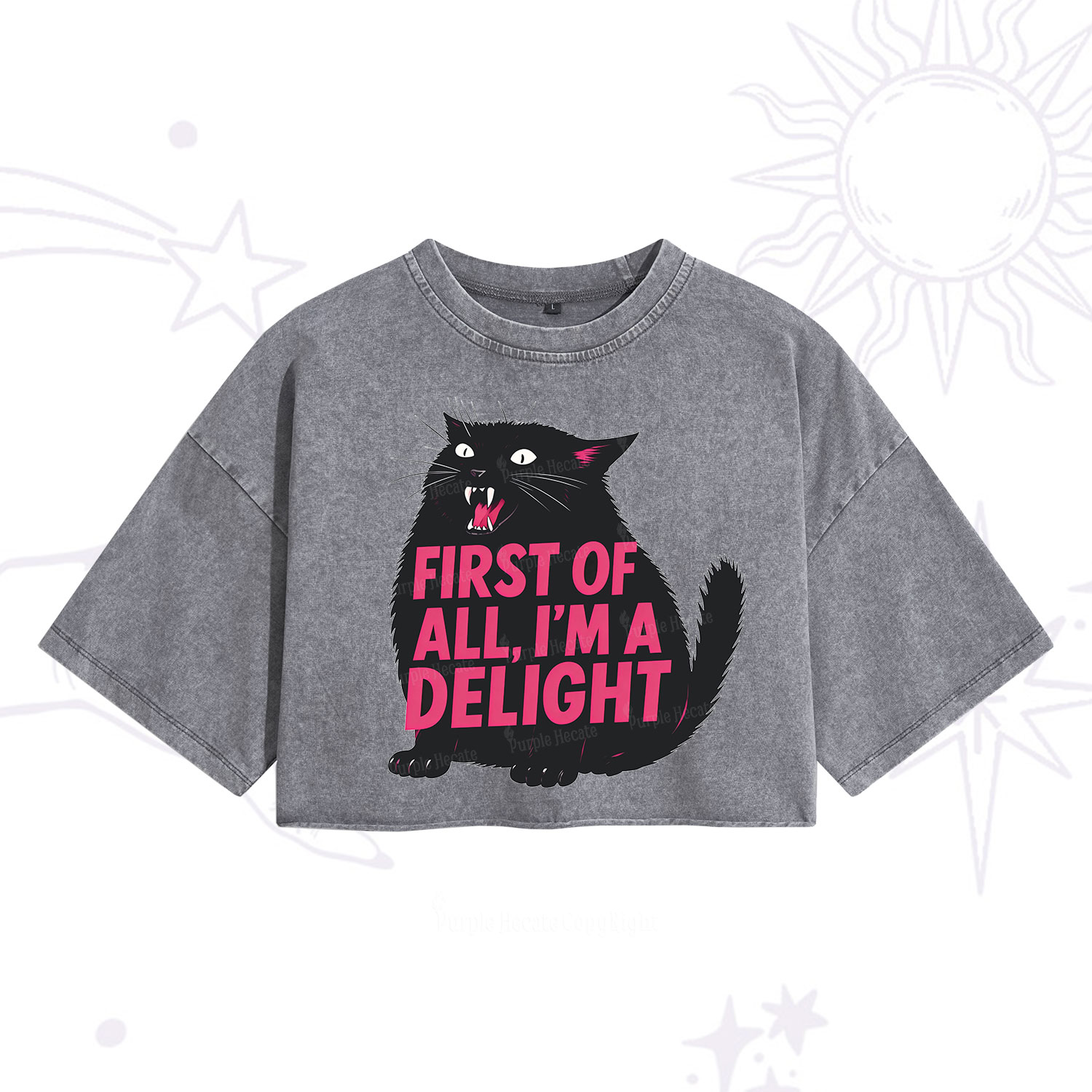Purplehecate First Of All I'm A Delight Cat Washed Cropped T-Shirt