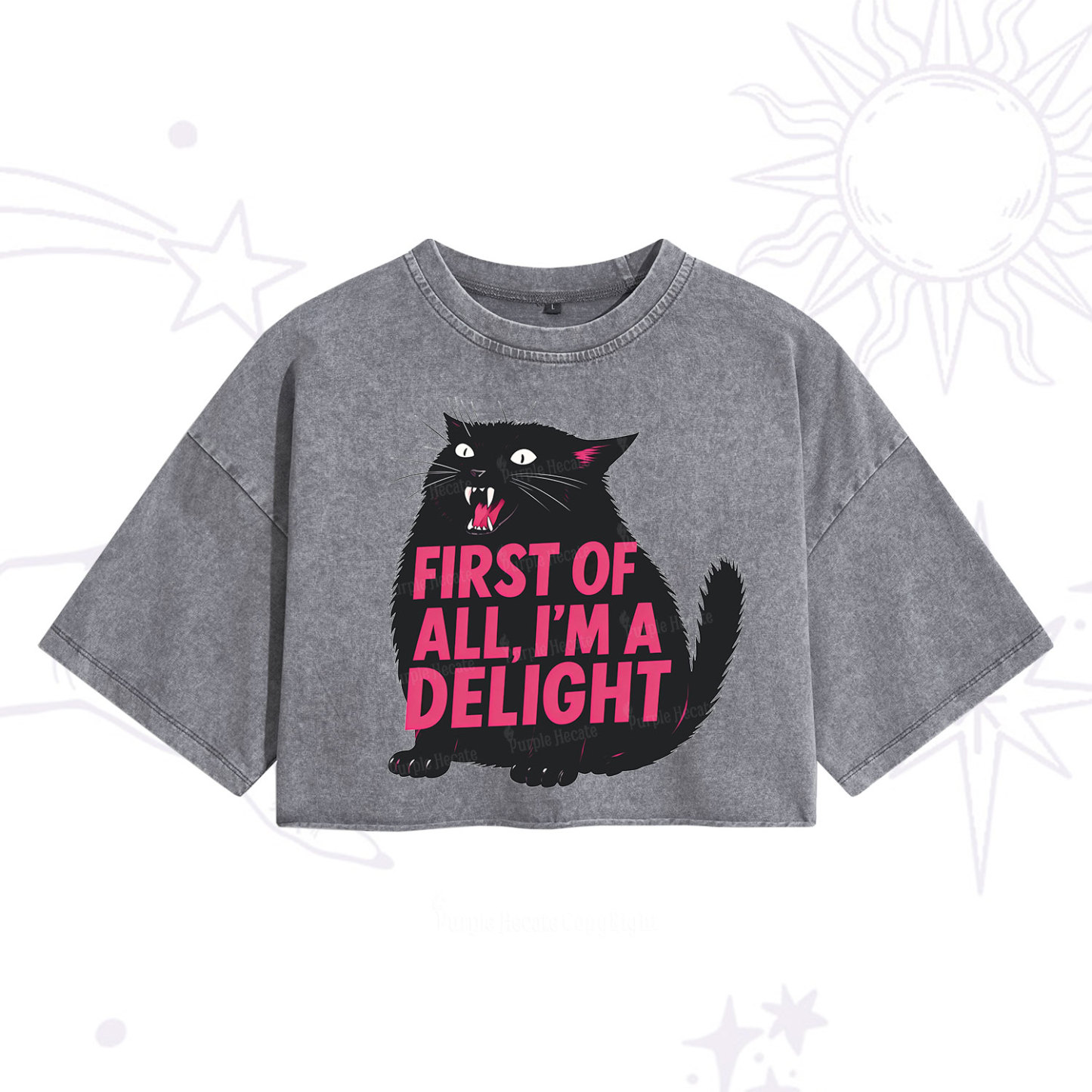 Purplehecate First Of All I'm A Delight Cat Washed Cropped T-Shirt