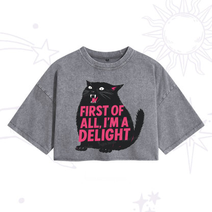 Purplehecate First Of All I'm A Delight Cat Washed Cropped T-Shirt